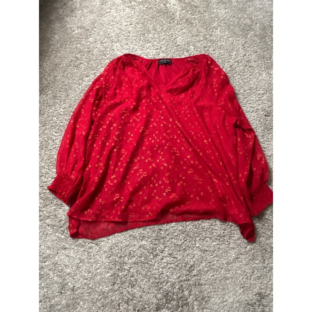Lane Bryant Red V-Neck Blouse Long Smocked Sleeve Lined Top 14/16 1148169